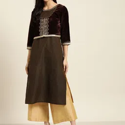 Sangria Women Olive Brown Solid Straight Kurta with Ethnic Jacket image 3