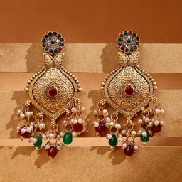 ADIVA Gold-Plated Artificial Stones Studded & Beaded Floral Shaped Drop Earrings-picture-22