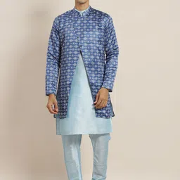 SOJANYA Men Blue Solid Kurta with Churidar & Printed Jacket-picture-3