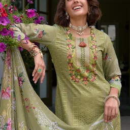 Indo Era Floral Embroidered Mirror Work Pure Cotton Kurta With Trousers & Dupatta-picture-28