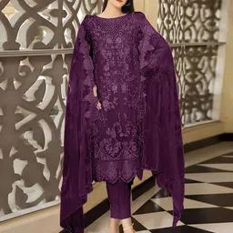 ODETTE Women Floral Embroidered Regular Thread Work Kurta with Trousers & With Dupatta-image-42