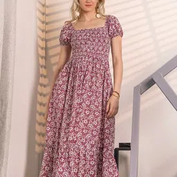 House of Abeena Floral Print Puff Sleeve Fit & Flare Midi Dress-picture-41