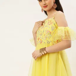 Ethnovog Floral Embroidered Sequinned Cold-Shoulder Net Maxi Ethnic Dress-picture-16