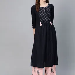 Idalia Women Navy Blue & Pink Yoke Design Kurta with Palazzos-picture-31