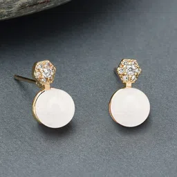 Zaveri Pearls Gold-Plated Peach-Coloured Freshwater Pearl & Cubic Zirconia Drop Earrings-picture-39