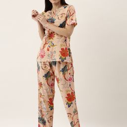 SANSKRUTIHOMES Women Beige Pure Cotton Floral Print Pyjama Set-picture-30