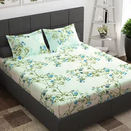 Story@home Ventura Blue Green Floral Printed 144 TC Queen Bedsheet With 2 Pillow Covers-image-25