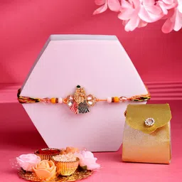ADIVA Set Of 4 Kundan-Studded & Beaded Radha Krishna Rakhi Gift Set-image-3