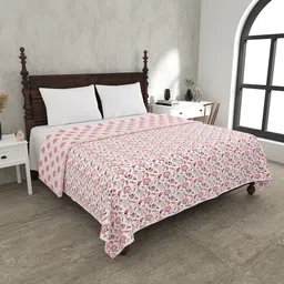 JAIPUR FABRIC White & Green Printed Mild Winter 120 GSM Pure Cotton Double Bed Dohar-image-89
