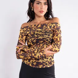 Stylecast X Hersheinbox Animal Print Ruched Sleeves Semi-Sheer Bardot Top-image-29