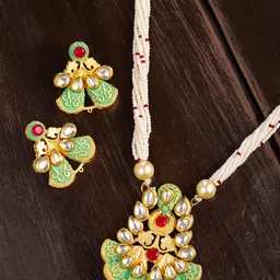 Zaveri Pearls White & Gold-Toned Kundan & Multi Pearl Strands Jewellery Set-image-42