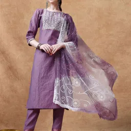Sangria Embroidered Thread Work Straight Kurta With Trousers And Dupatta-picture-28