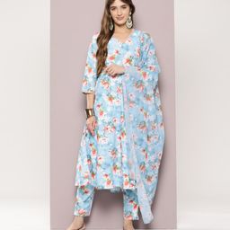 Jompers Floral Printed Mirror Work Linen Kurta with Trousers & Dupatta & Belt-picture-31