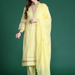Indo Era Floral Embroidered Pure Cotton Kurta with Trousers & Dupatta-picture-15
