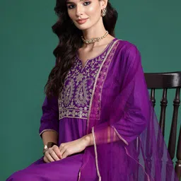 Indo Era Ethnic Motifs Embroidered Regular Liva Kurta with Trousers & Dupatta-picture-14