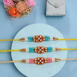 ADIVA Pack Of 3 Kundan-Studded & Beaded Thread Rakhi With Pooja Thali & Roli Chawal Bag-picture-14