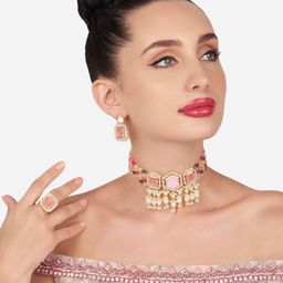 Zaveri Pearls Gold-Plated Beaded Necklace & Earrings With Ring-picture-3