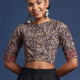 Taavi Kalamkari Hand Block Printed Cotton Non Padded Saree Blouse-image-35