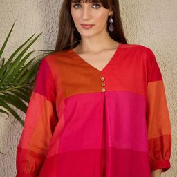 Indo Era Women Pure Cotton Colourblocked A-Line Kurta With Pants Co-Ords-picture-49