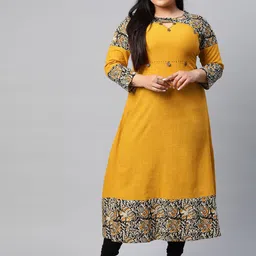 YASH GALLERY Women Plus Size Mustard Yellow Ethnic Printed Detail Keyhole Neck Kurta-picture-40