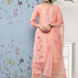 Varanga Women Peach-Coloured Floral Embroidered Thread Work Kurta with Trousers & With Dupatta-picture-28