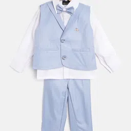 FOURFOLDS Boys White & Blue Solid Clothing Set with Waistcoat & Bow-Tie-picture-42