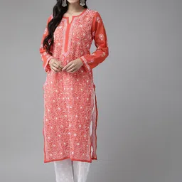ADA Women Red & White Sustainable Hand Embroidered Chikankari Handloom Kurta with Palazzos-picture-26