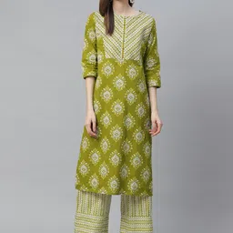 YASH GALLERY Women Green & White Printed Kurta with Palazzos-image-31