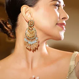 Rubans 18K Gold-Plated Kundan Crescent Shaped Chandbalis Earrings-picture-41