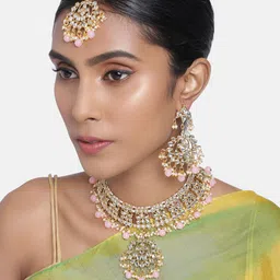 Peora Gold Plated Pink Kundan Studded Handcrafted Enamelled Jewellery Set-picture-25