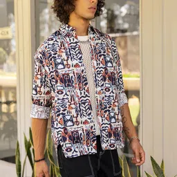 Bewakoof Blue Oversized Abstract Printed Spread Collar Cotton Casual Shirt-image-42