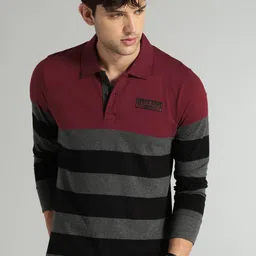Roadster Men Charcoal Grey & Maroon Striped Polo T-shirt-picture-20