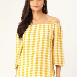 Lee Cooper Women Mustard Yellow & Off White Checked Bardot Top-picture-41