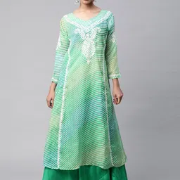 SHADES OF FAASHION Women Green Leheriya Printed Chikankari Anarkali Kurta-picture-10