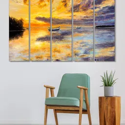 999Store Set of 5 Yellow & Blue Printed Sunset And Boat In Sea Framed Wall Art-image-92