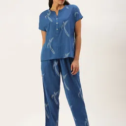 SANSKRUTIHOMES Women Blue & White Pure Cotton Conversational Printed Pyjama Set-picture-8