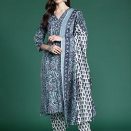 Indo Era Floral Printed Regular Pure Cotton Kurta with Trousers & Dupatta-picture-22