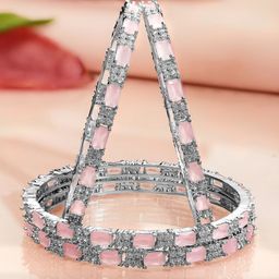 Rubans Set of 4 Rhodium Plated Pastel Pink & White Cubic Zirconia Studded Premium Bangles-picture-40