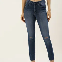 FOREVER 21 Women Blue Slash Knee Heavy Fade Stretchable Jeans-picture-16