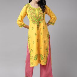 ADA Women Yellow & Green Cotton Sustainable Hand Embroidered Chikankari Handloom Kurta-picture-41