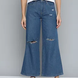 Mast & Harbour Women Navy Blue Wide Leg Slash Knee Stretchable Jeans-picture-39