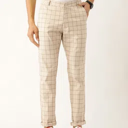 SOJANYA Men Cream-Coloured & Olive Green Regular Fit Checked Trousers-picture-30