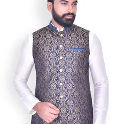 Manyavar Men Blue & Gold-Coloured Woven Design Nehru Jacket-picture-22