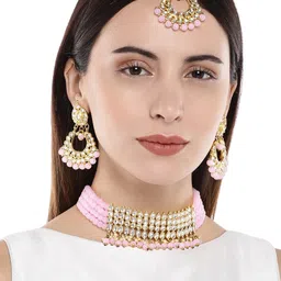 Anouk Gold-Plated And Pink Kundan Studded & Beaded Necklace & Earrings With Maang Tikka image 1