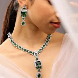 Rubans Rhodium-Plated Emerald Green & White Cubic Zirconia Studded Luxe Jewellery Set-picture-21