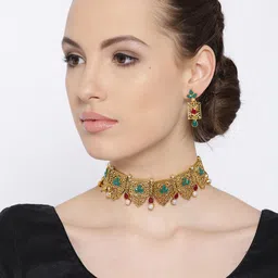 Zaveri Pearls Antique Gold-Toned & Green Stone-Studded Beaded Jewellery Set-image-8