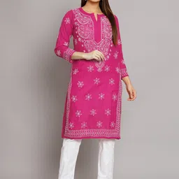 PARAMOUNT CHIKAN Women Ethnic Motifs Hand Embroidered Cotton Chikankari Straight Kurta-picture-38