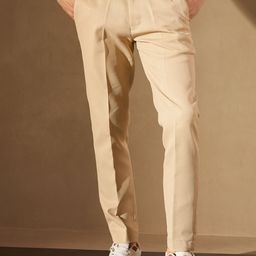 DENNISON Men Cream-Coloured Self Design Smart Tapered Fit Easy Wash Trousers-picture-11