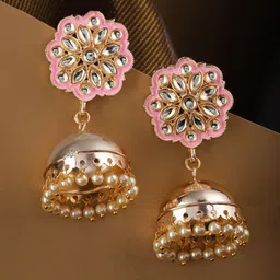 Priyaasi Pink & Off-White Gold-Plated Kundan Enamelled Handcrafted Dome Shaped Jhumkas-picture-10