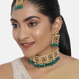 Zaveri Pearls Green Gold-Plated Stone Studded & Beaded Jewellery Set-image-47